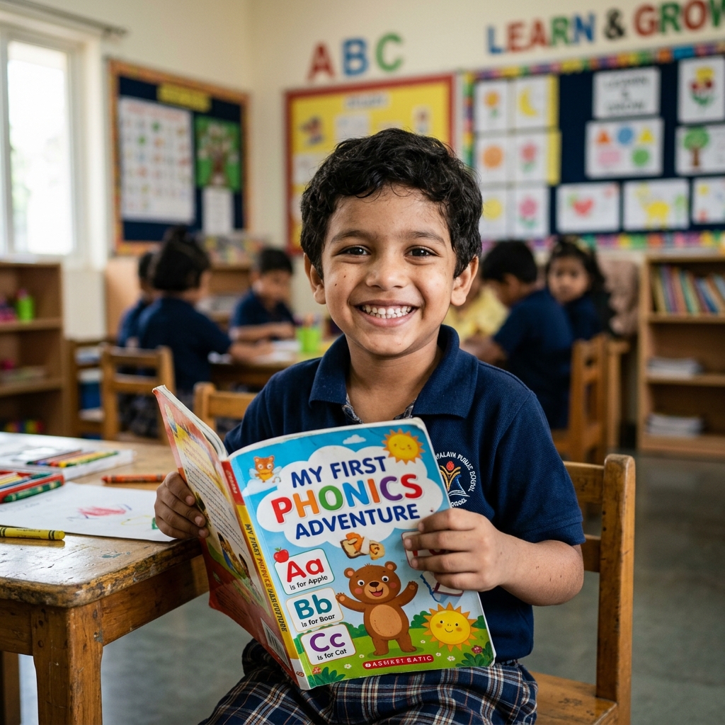 Indian boy holding Phonics workbook