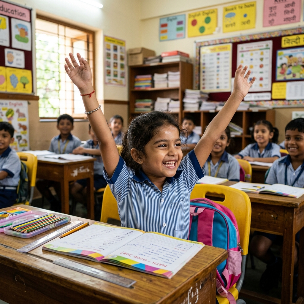 Indian girl learning at school desk