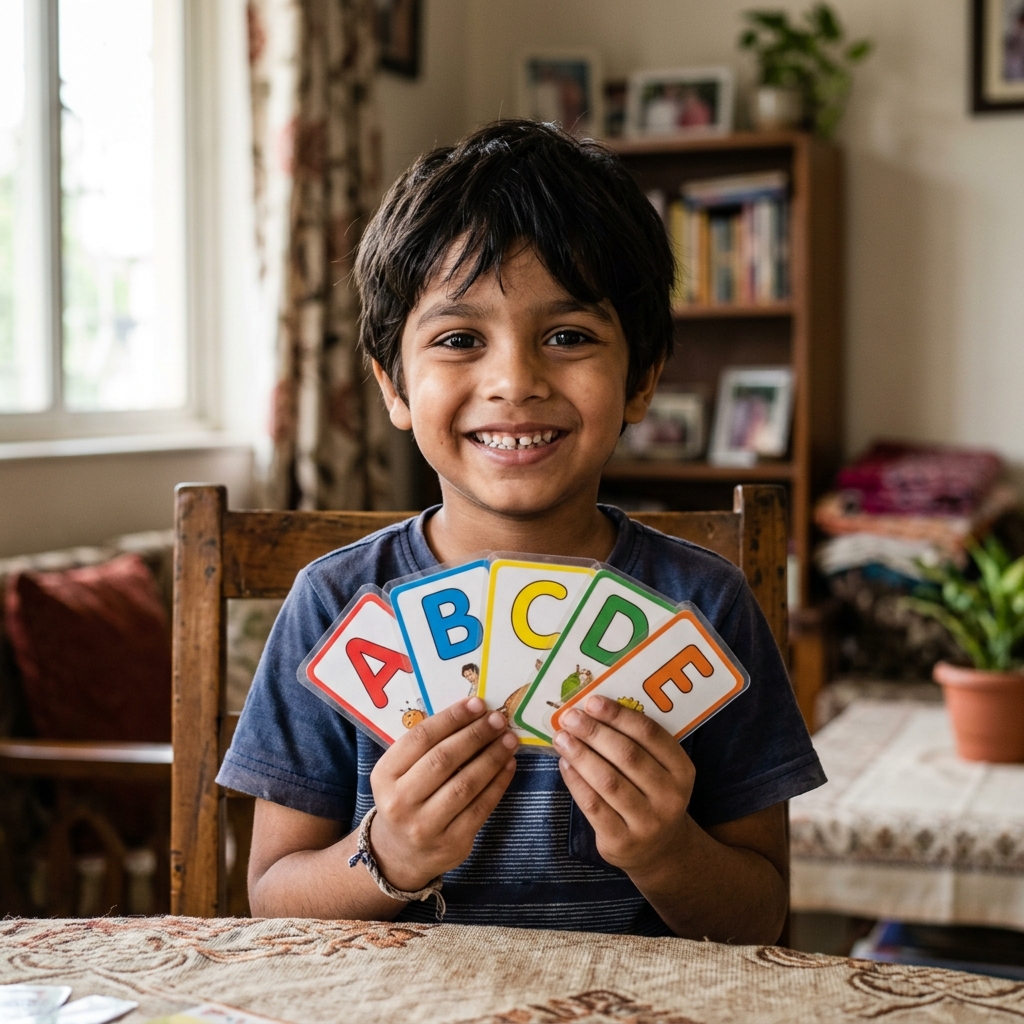 Indian child holding cards